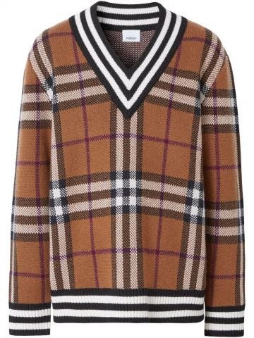 Brown Check Cashmere Jacquard Sweater