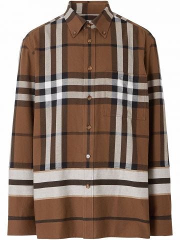 Brown check stripe cotton flannel shirt