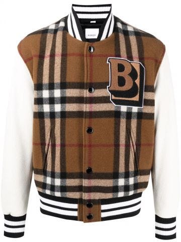 Brown Letter Graphic Check Technical Wool Bomber Jacket