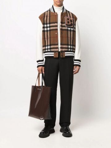 Brown Letter Graphic Check Technical Wool Bomber Jacket