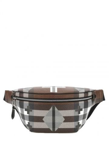 Brown geometric tartan motif Belt Bag
