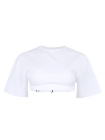 Short sleeved white T-shirt open on the back
