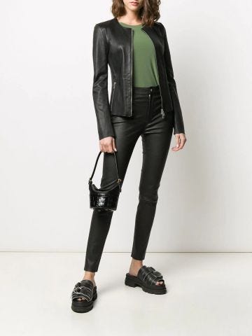 Double-slide zip black leather jacket