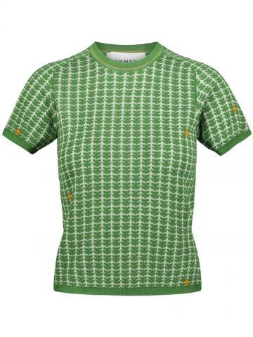 Green short sleeved crew neck Sweater with jacquard airplanes pattern