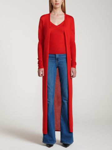 Red fine knit long Cardigan