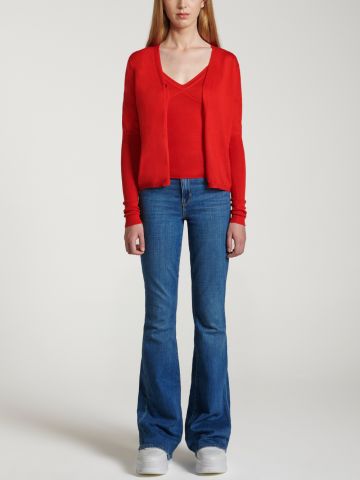 Red fine knit short Cardigan