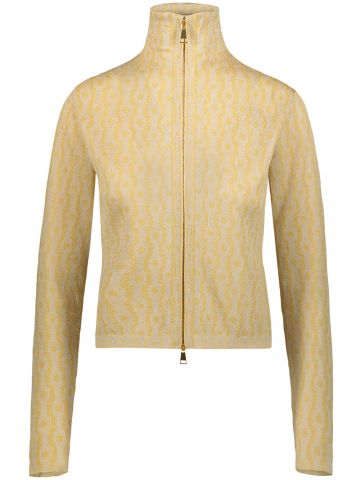 Cardigan aderente con zip e disegno jacquard geometrico oro