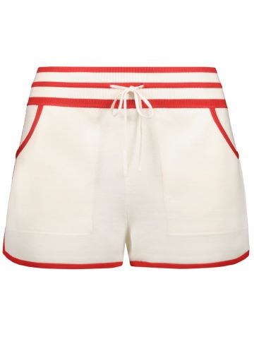Shorts in maglia sottile panna con contrasti rossi
