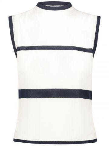Cream fine knit sleeveless Top with blue contrasts