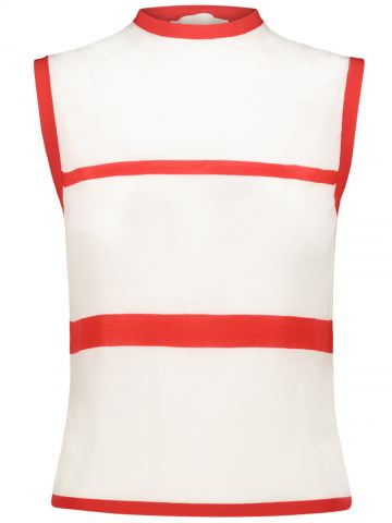 Cream fine knit sleeveless Top with red contrasts