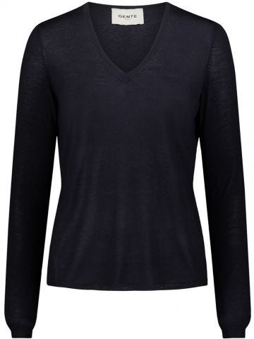 Blue fine knit V-neck and long sleeved Sweater