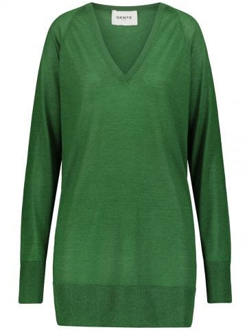 Green over V-neck and long sleeved Sweater