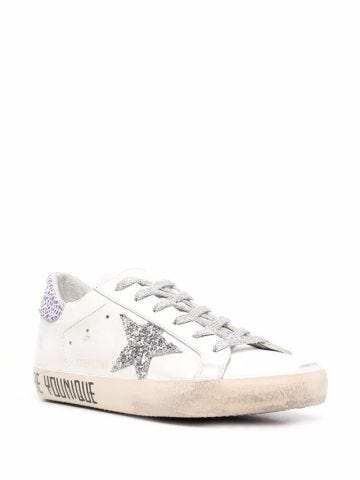 White Superstar Sneakers with purple contrasting detail
