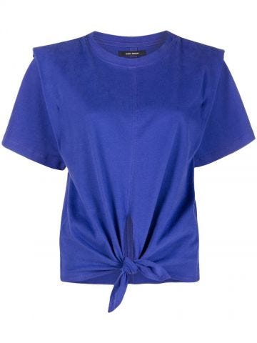 T-shirt crop blu con nodo in vita