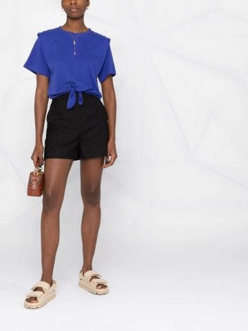 Blue cropped tied waist T-shirt