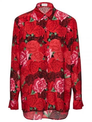 Camicia oversize button down in seta con stampa rose rosse