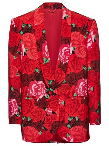 Tuxedo style silk blazer in red roses print