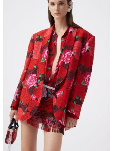 Tuxedo style silk blazer in red roses print