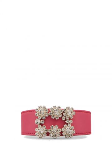 Flower Strass Buckle Bracelet in Pink Leather
