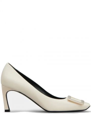 White Trompette Metal Buckle Pumps in Leather