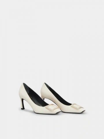 White Trompette Metal Buckle Pumps in Leather