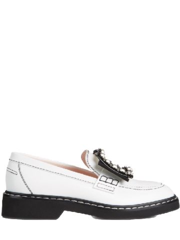 Viv' Rangers Stitch Strass Buckle Loafers in White Leather
