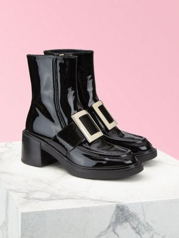 Viv' Rangers Metal Buckle Ankle Boots in black patent leather