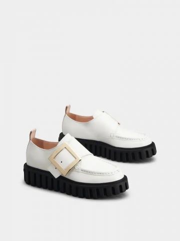 Viv' Go-Thick Metal Buckle Loafers in White Patent Leather
