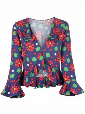 Blue floral-print ruffled blouse