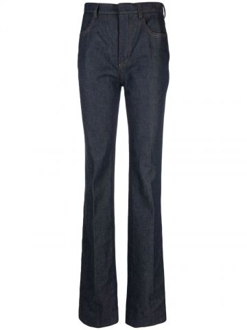 Dark blue high-waisted bootcut jeans