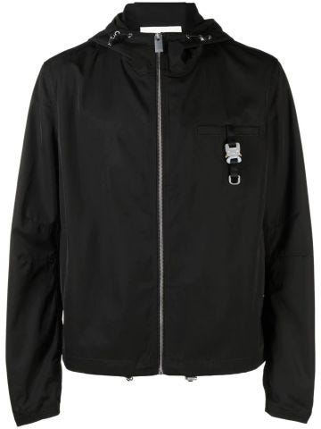 Black windbreaker jacket with hood and zipper