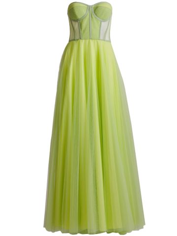 Abito bustier lungo in tulle verde lime