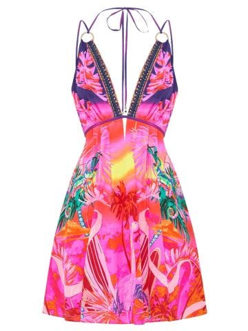 Multicolored short flared dress with graphic print