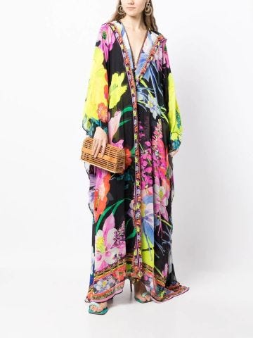 Oversize robe with floral print and hood