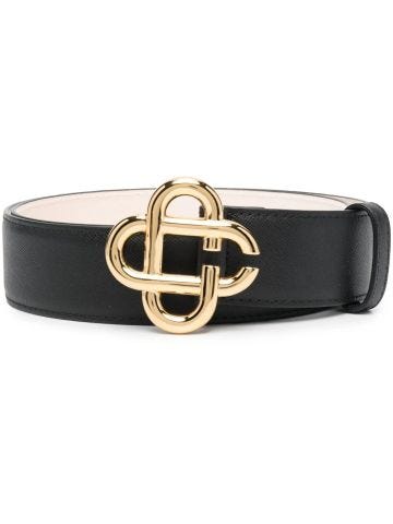 Black leather belt with gold logo buckle