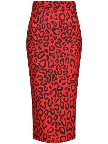 Red leopard print pencil midi skirt