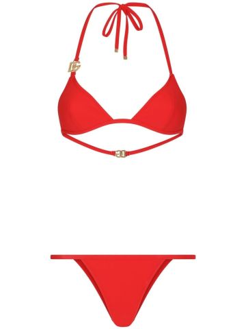 Red bikini set with logo butterfly neckline