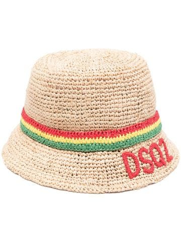 Beige raffia bucket hat with logo