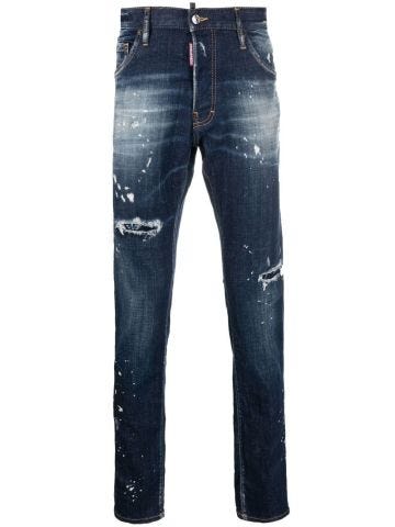 Blue straight jeans with worn effect