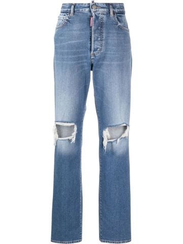 Blue straight jeans with worn effect and rips