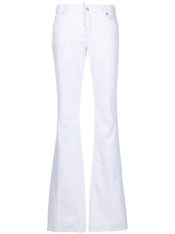 White flared jeans with logo applique