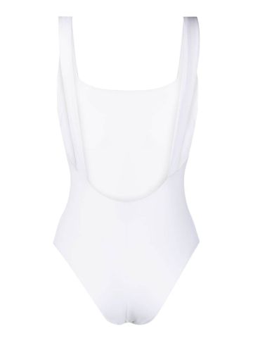 White one-piece swimming costume with wide neckline