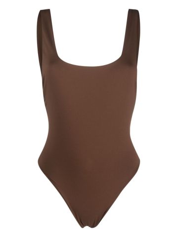 Brown one-piece swimming costume with wide neckline