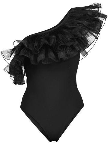 One-shoulder black one-piece swimsuit with ruffles