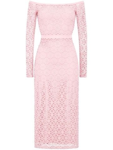 Pink lace midi dress with open shoulders