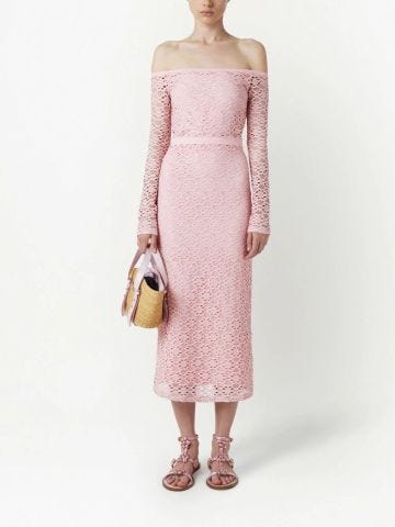 Pink lace midi dress with open shoulders