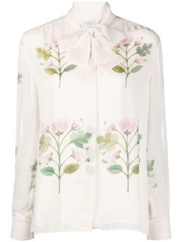 White silk floral print bow blouse