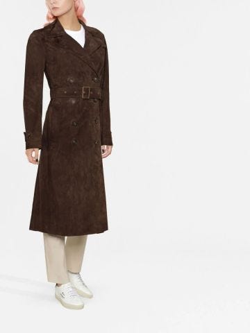 Brown double-breasted coat with belt