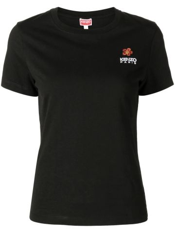 Black T-shirt with flower logo embroidery