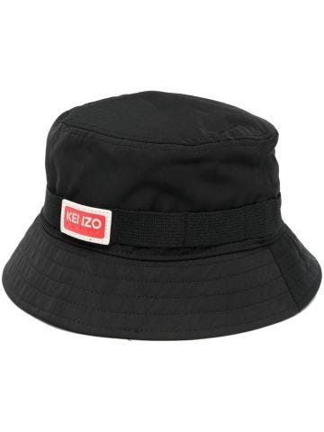 Black bucket hat with logo patch